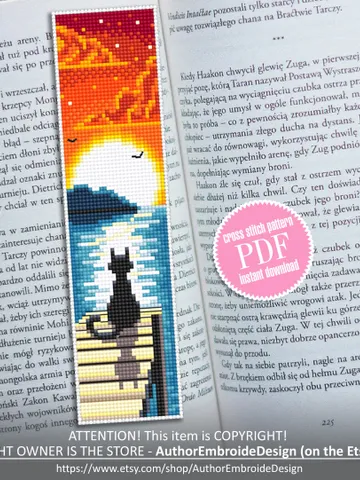 Bookmark cross stitch pattern download PDF Modern handmade bookmark digital Black cat embroidery beginners Sunset cross stitch chart #B59 $4.40