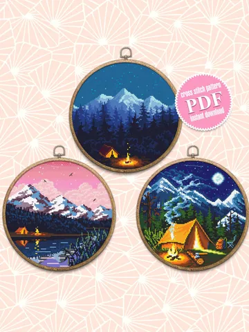 Set nature cross stitch pattern download PDF Mountain landscape cross stitch Campfire tent xstitch chart Night nature Travel home decor #S54 $12.20