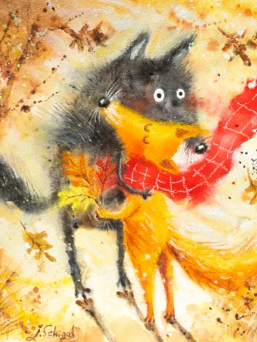 27×27cm Artwork by Julia Schigal "The Autumn Date" - watercolor, gouache, pastel $169.00