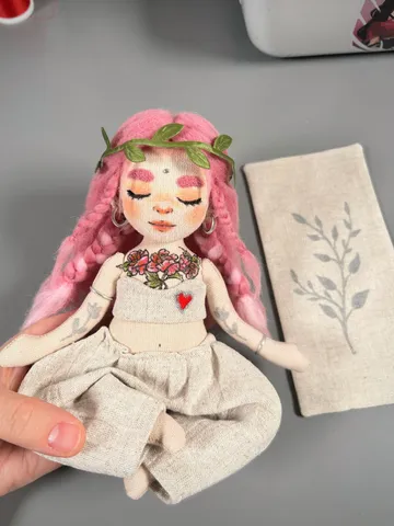 Textile doll yoga girl with pink hair and tattoo $210.00
