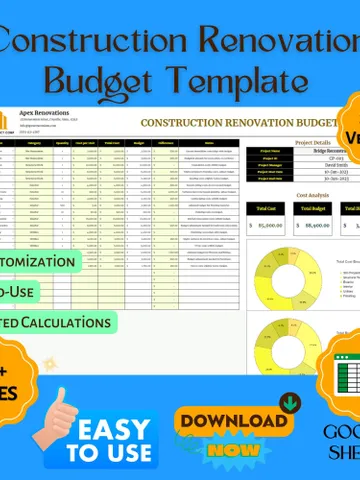 Construction Renovation Budget Template, Editable Google Sheets Digital Download, Easy-to-Use Project Cost Tracker, Home Renovation Planner $8.26