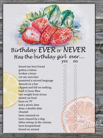 Strawberry Birthday ever or never game,Adult Birthday party game-fun games for her-Instant download