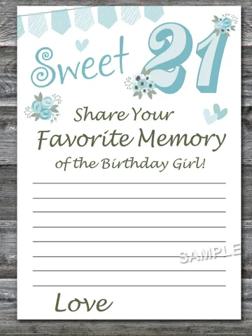 Sweet 21st Favorite Memory of the Birthday Girl,Adult Birthday party game printable-fun games for her-Instant download $1.50