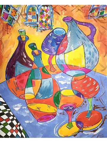 Kandinsky Style Painting Still Life Original Art Abstract Artwork Bottle Painting 14.5 by 11.5 Above Sofa art by TatianaArtShop