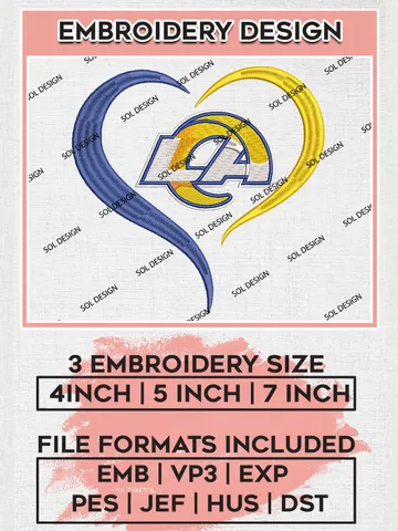Los Angeles Rams Heart Embroidery Designs, NFL Rams, NFL Embroidery Designs, NFL Los Angeles Rams Machine Embroidery Design, Digital Download