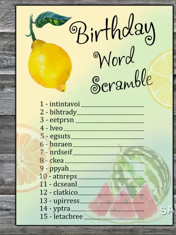 Lemon Birthday Word Scramble Game,Adult Birthday party game-fun games for her-Instant download