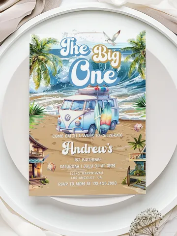 The Big One Surfing Invitation, Retro Boy Surf Surfboard, Editable Beach Pool Party Invite, Summer 1st Birthday, Printable Canva Template $7.00