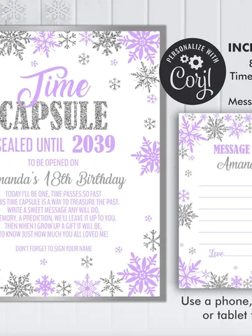 Winter Onederland Time Capsule and Matching Note Card Purple Silver Winter Onederland 1st Birthday Girl Decorations, Editable Template $7.00