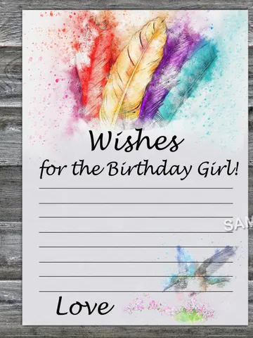 Tribal Feather Wishes for the birthday girl,Adult Birthday party game-fun games for her-Instant download