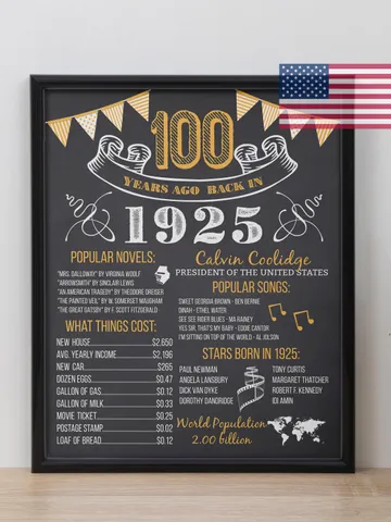 100th birthday poster gold 1925 birthday board born in 1925 back in 1925 vintage printable golden decoration digital download gift idea $7.00