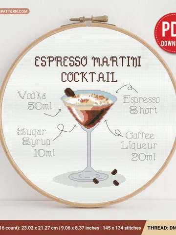Espresso Martini Cocktail Recipe cross stitch pattern, home decor, counted, chart, gift DIY, embroidery, beginner, instant Digital PDF $5.94