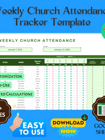 Weekly Church Attendance Tracker Template, Editable Google Sheets, Church Member Attendance Log $8.26