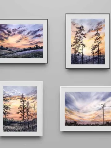 Sunset Watercolor Painting Landscape Set of 4 Prints Sunset Postcards $22.86