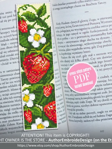 Strawberry bookmark cross stitch pattern download PDF Red berries cross stitch chart, Digital bookmark fruit, Strawberry pattern PDF #B149 $4.40