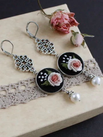 Rococo blush pink floral earrings with pearls Long Victorian rose cameo earrings dangle Black royalcore jewelry for women $45.00