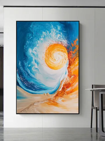Hand-Painted Abstract Oil Painting | Vibrant Sun and Ocean Art | Stunning Blue and Orange Wall Decor for Modern Living Room $113.20