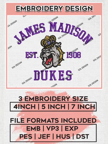 James Madison Dukes Est 1908 Logo Embroidery Designs, NCAA James Madison Dukes Embroidery, NCAA Team Logo, 3 sizes, Machine embroidery Files, Digital Download $6.99
