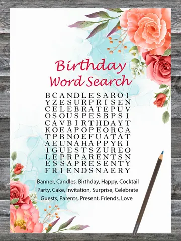 Roses Birthday Word Search Game,Adult Birthday party game-fun games for her-Instant download $1.75