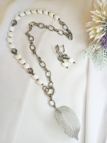 Heart necklace and earrings set silver white, statement necklace with leaf, heart love earrings, leaf pendant silver $52.00