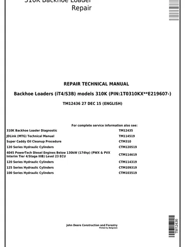JOHN DEERE 310K EP BACKHOE LOADER SERVICE REPAIR SHOP MANUAL