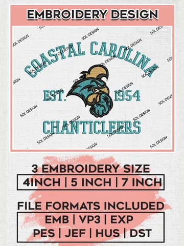 Coastal Carolina Chanticleers Est 1954 Logo Embroidery Designs, NCAA Coastal Carolina Chanticleers Team Embroidery, NCAA Team Logo, 3 sizes, Machine embroidery Files, Digital Download $6.99