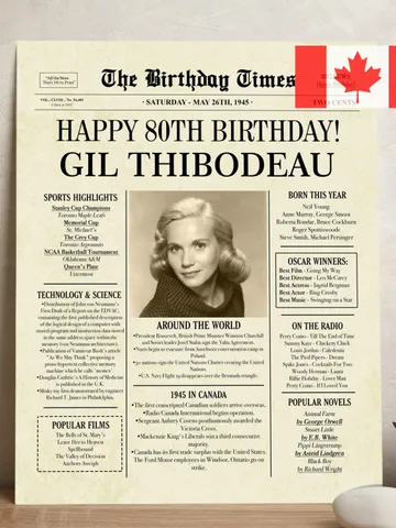1945 birthday newspaper 80th printable poster canada 80th birthday gift back in 1945 birthday party decorations canadian fun facts $15.00