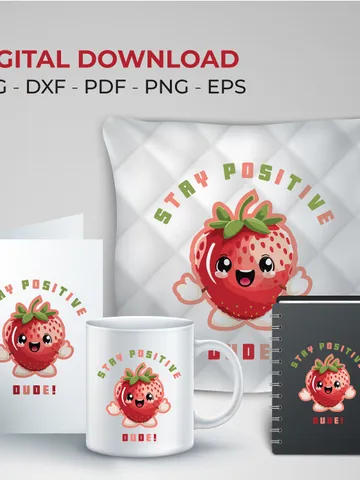 Cute Strawberry Character Design, Stay Positive Dude, Svg/Dxf/Pdf/Eps/Png, Cute Gift Cut Files, Sublimation Design, Mental Health Awareness $3.49