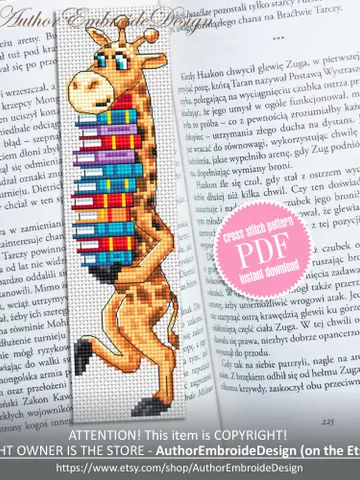 Funny bookmark cross stitch pattern PDF download Giraffe cross stitch chart, Kids bookmark pattern digital PDF, Book accessories #B331 $4.40