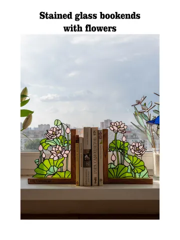 Stained glass bookends with flowers, Home decor with flowers