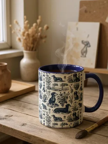 Dachshund Toile de Jouy Mug, Floral Etching Pattern, French Dog Art Cup, Classical Gift Idea, Kitchen Decor, Gift For Pet Owners, Home Decor $19.90
