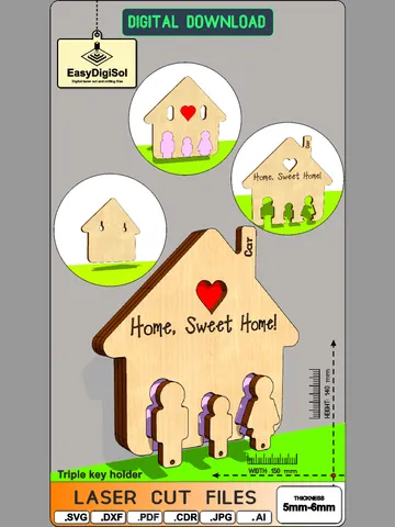 Wall Key Holder Home Triple Key Holder DIY Laser Cut wall keyring holder bundle hanging SVG DXF PDF Ai House keyichain holder $3.49