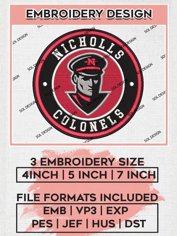 NCAA Nicholls Colonels Round Logo Embroidery, NCAA Nicholls Colonels Logo Embroidery files, NCAA Teams, Machine embroidery designs, Digital Download
