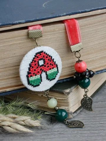 Hand embroidered velvet ribbon bookmark with letter charm Watermelon personalized pink green book mark with beads Summer fruits gift