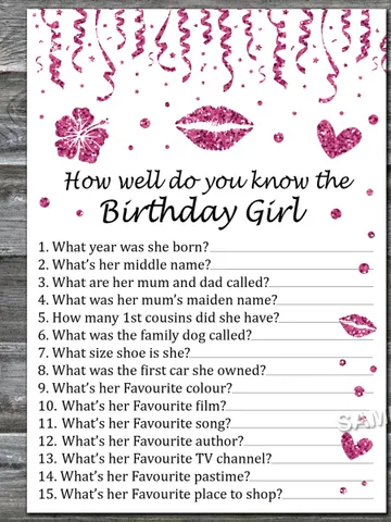 Pink glitter How well do you know the birthday girl,Adult Birthday party game-fun games for her-Instant download $1.75
