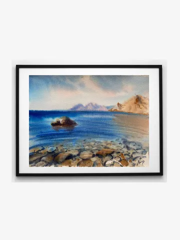 Watercolor landscape seascape painting blue colours
