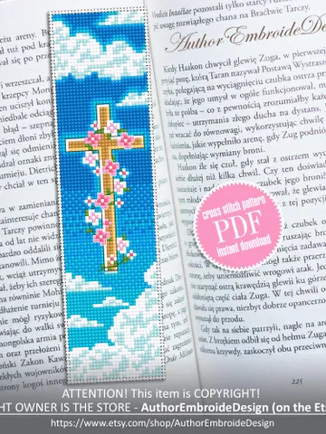 Christian bookmark cross stitch pattern PDF download Holy cross with flowers cross stitch chart, Bible bookmark pattern digital PDF #B444 $4.40