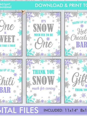 Winter Onederland Signs, Winter Onederland Birthday Girl Decorations, Purple Teal Snowflakes First Birthday Decorations Instant Download $10.00