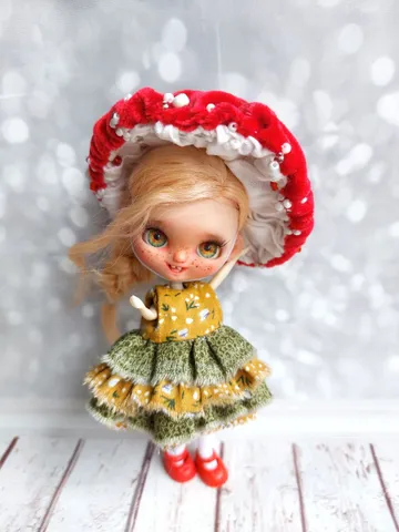 Reserve for Lori. Adorable mischievous little girl with red hair. Petite Blythe miniature doll in mushroom costume. $225.00