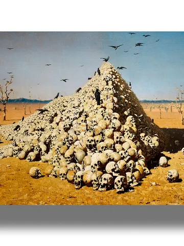 Apotheosis of War. Gloomy landscape with a pile of skulls and a flock of ravens. $21.00