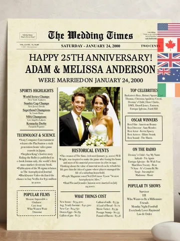 25th wedding anniversary gift for couple, 25th anniversary gifts for husband, 25 year wedding anniversary gift, 2000 anniversary newspaper $15.00