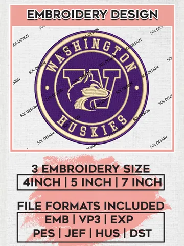 NCAA Washington Huskies Round Logo Embroidery, NCAA Washington Huskies Embroidery Design files, NCAA Teams, NCAA Machine embroidery designs, Digital Download