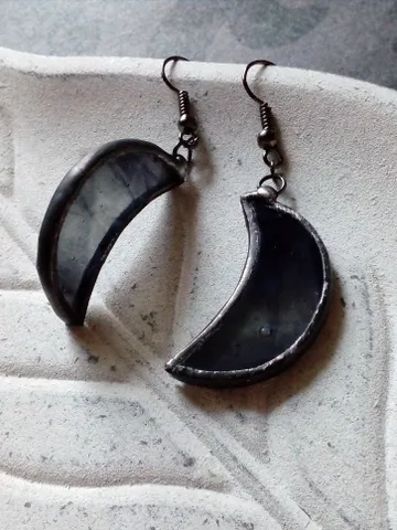 Glass crescent earrings, Black crecsent, Witchy goth aesthetic, Witch earrings, Tin soldered moon earrings $35.00