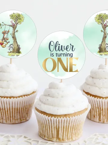 Editable Cupcake topper Hundred Acre Wood First Birthday party cupcake label; Winnie the Pooh Party; Classic Pooh Birthday topper ; wp5 $10.45