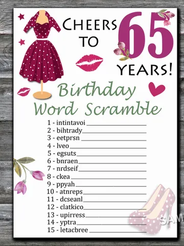 65th Birthday Word Scramble Game,Adult Birthday party game-fun games for her-Instant download $1.75