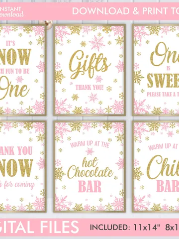 Winter Onederland Signs, Winter Onederland Birthday Girl Decorations, Pink Gold Snowflakes First Birthday Decorations Instant Download $10.00