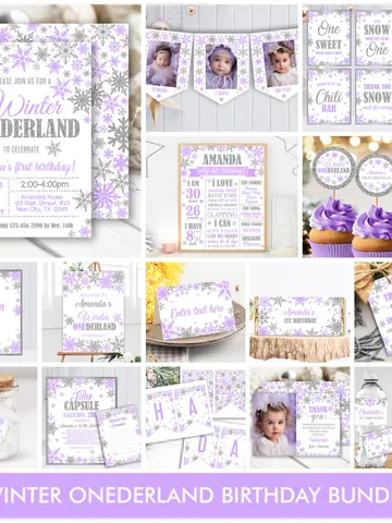 Winter Onederland Birthday Girl Decorations, Winter Onederland Bundle, Party Package Bundle Editable Template, Snowflakes Theme $40.00