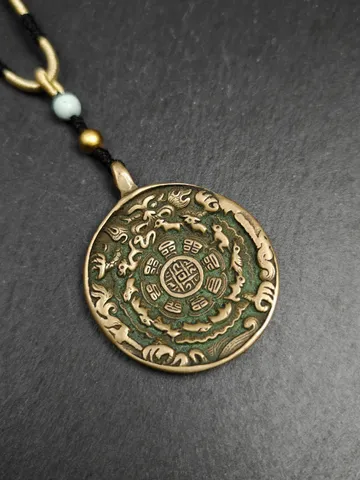 Gandhanra Vintage Tibetan Buddhist Calendar Amulet Sipaho Badge - Lima Brass Melong Mirror Protective Charm Feng Shui Pendant,41mm $199.99
