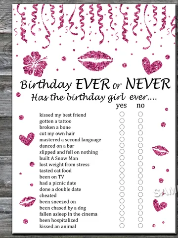 Pink glitter Birthday ever or never game,Adult Birthday party game-fun games for her-Instant download $1.75