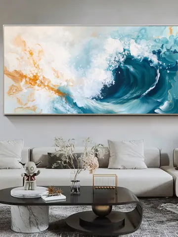 Ocean Wave Painting, Abstract Seascape Art, Blue and Gold Wall Art, Textured Wave Art, Large Canvas Artwork, Original Painting, Bedroom Art $132.73