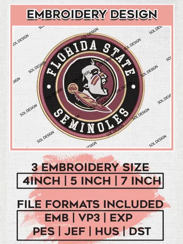 NCAA Florida State Seminoles Round Logo Embroidery, NCAA Florida State Seminoles Embroidery Design files, NCAA Teams, NCAA Machine embroidery designs, Digital Download
